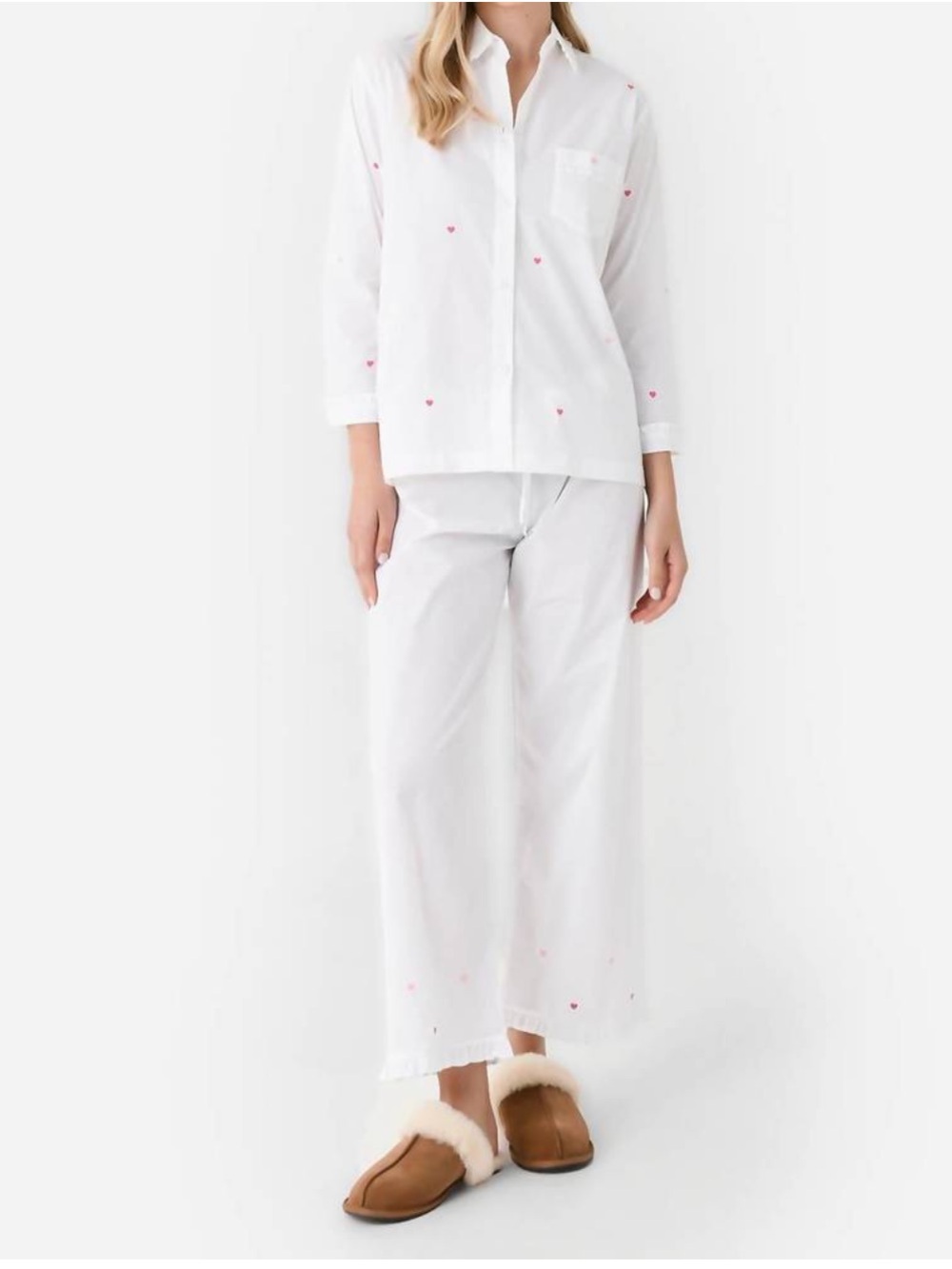 LENORA josie heart cotton pajama set White with pink hearts Womens Size M